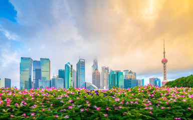 The morning of Lujiazui in Shanghai, China, with the prospect of flower beds