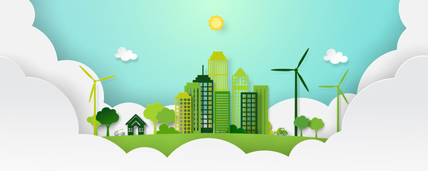 Paper art of green eco city and nature landscape in paper layers background template vector illustration.