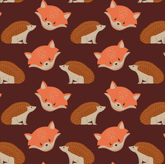 Foxes and porcupine cartoons pattern background