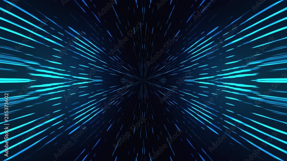 Poster Blue shining particles from the center form rays on a black background. Computer generated fractal image, 3d rendering