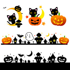 ハロウィン素材・月と黒猫とカボチャおばけジャック・オー・ランタン 