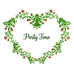 Party time calligraphic lettering, with green leaves and floral frame abstract. Vector