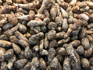 A lot of yucca roots on sale at farms market