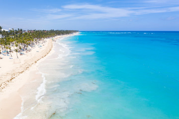 Fototapeta na wymiar Aerial view from drone on caribbean shore of Atlantic ocean with luxury resort beaches