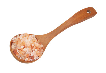 Pink rock salt in wooden spoon isolated on white