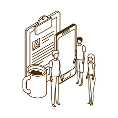 group of people with smartphone screen and sheets of paper