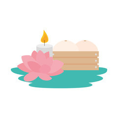 melons in wooden box with lotus flower and candle