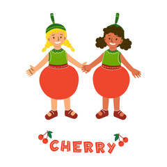 Little girls in cherry fruit costumes