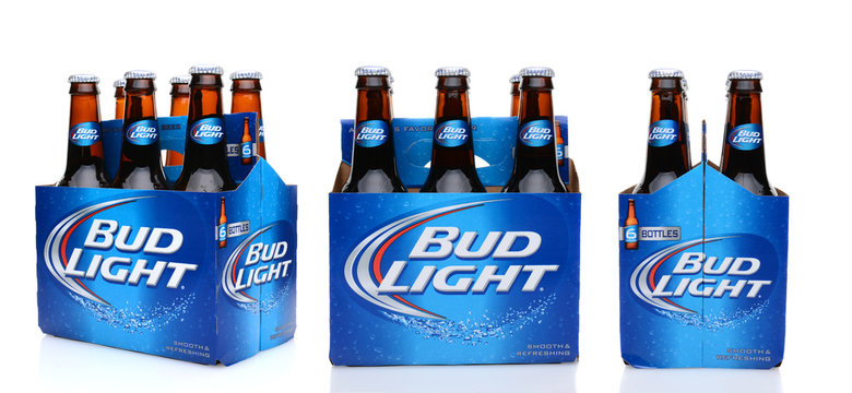 IRVINE, CA - MAY 25, 2014: Three 6 packs of Bud Light beer side view, 3/4 view and end view.