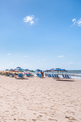 Recife, Boa Viagem Beach, Pernambuco, Brazil - June, 2019: Blue sky day at the beach early in the morning.