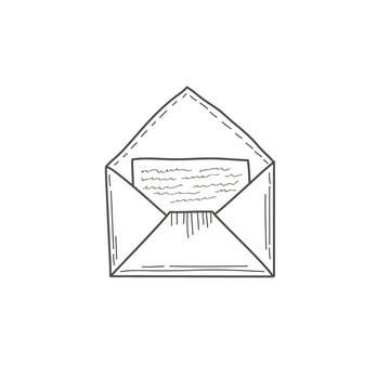 An open envelope with a letter. Vector illustration by hand in the style of doodle. Linear sketch