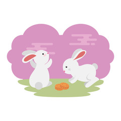cute and little rabbits couple in grass with flower