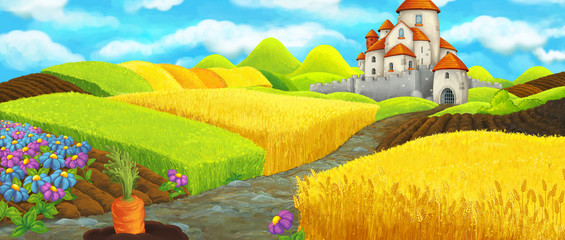 Obraz na płótnie Canvas Cartoon scene near the castle on the hill near the farm ranch - illustration for children