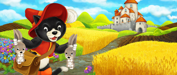 Fototapeta na wymiar Cartoon scene - cat traveling to the castle on the hill near the farm ranch - illustration for children