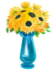 Yellow flowers in blue glass vase. Watercolor illustration