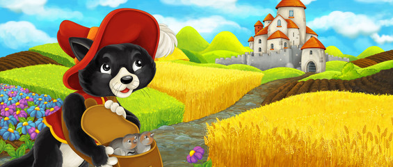Obraz na płótnie Canvas Cartoon scene cat traveling to the castle on the hill near the farm ranch - illustration for children