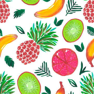 Seamless pattern. Illustration of hand painted acrylic gouache Exotic fruit pineapple banana kiwi grapefruit tropical leaves on white background.