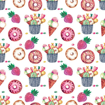 Seamless pattern. Illustration hand painted watercolor acrylic gouache Dessert donut sundae sweets strawberry Design for digital paper Wallpaper fabric Toned