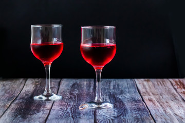 Pink wine. Wine in a glass. Traditional Georgian wine according to ancient technology. Copy space Close-up and horizontal orientation.