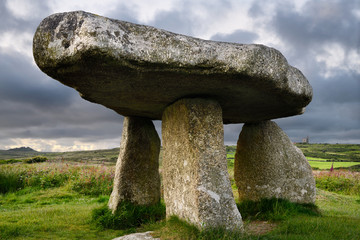 Lanyon Quoit dolmen neolithic tomb between Carn Galver hills and Greenburrow Engine House tin mine...