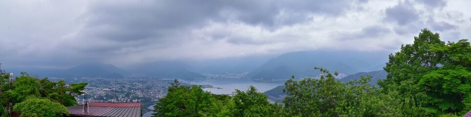 Fototapeta na wymiar Views around Mount Fuji Japan, including Kawaguchiko Tenjozan Park, Lake Kawaguchi from ferry boat on the lake and the gondola observation. Asia.