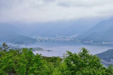Views around Mount Fuji Japan, including Kawaguchiko Tenjozan Park, Lake Kawaguchi from ferry boat on the lake and the gondola  observation. Asia.