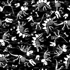 Seamless pattern funny sketchy fossil animals and plants. Vector illustration. © barberry