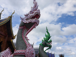duo colorful sculpture dragon in Thai temple - 285385844