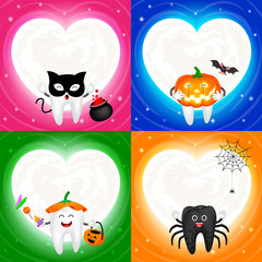 Four halloween cartoon tooth set with moon in heart shape. Black cat, pumpkin, cute tooth and spider. Illustration isolated on white backgeound. Design for poster, banner and greeting card.