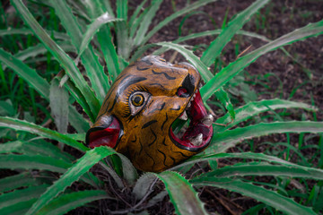 Jaguar Head Carved in wood Mexican Mayan crafts on Maguey Plant.