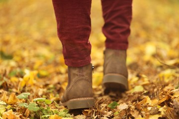 Autumn time. Autumn shoes .  brown boots on yellow maple leaves. Fall season.