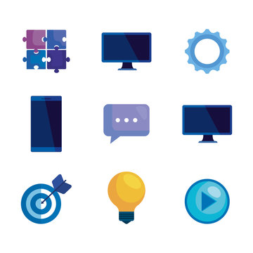 set of technology media icons to business strategy