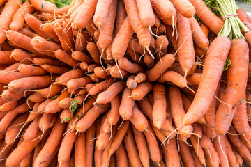 lots of carrots laying on the table top in the market