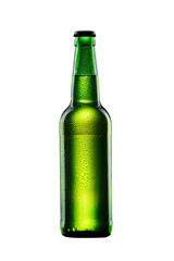 wet green glass bottle of beer on white background