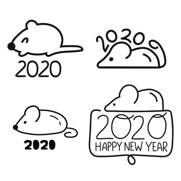 Set of hand drawn mouse icons for 2020 new year. Vector illustrations on white background.