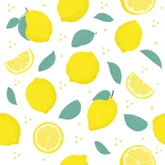 Tapeten Zitronen Zitronen-Zitrusfrucht nahtloses Muster mit Blättern. Tropischer Hintergrund Heller Vektordruck für Stoff oder Tapete.