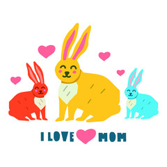 I love mom. Hand drawn vector rabbit icons illustration design. Best for nursery, childish textile, apparel, poster, postcard.