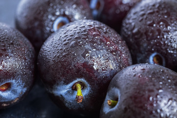 Fresh plum on a dark background with drops of water