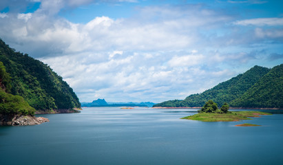 Landscape of green mountain and Water in the dam between the hills with  Lake at The Vajiralongkorn...