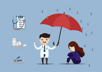 Medical care doctor raise an umbrella.