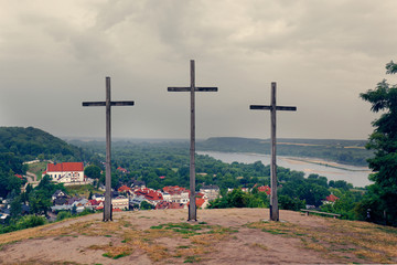 KAZIMIERZ DOLNY, POLAND – July 11 2019 Three Crosses Mountain in Kazimierz Dolny, as a Memorial commemorating a plague that decimated the town's population