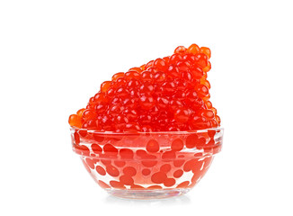 Bowl with delicious red caviar on a white background