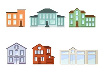 Houses exterior front view with roof. Vector illustration.