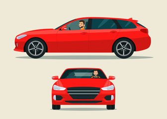 Red station wagon car two angle set. Car with driver man side view. Vector flat style illustration.
