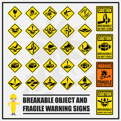 Obraz premium Set of safety warning signs and symbols of breakable and fragile objects, Labels and signs using for warning and remind people to taking care in transporting and shipping the goods.