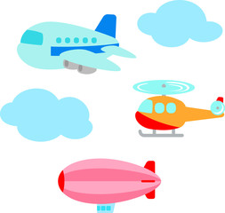 飛行機、ヘリコプター、飛行船のイラストセット