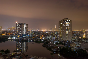 Fototapeta na wymiar Panoramic aerial night photo of Ho Chi Minh City, Saigon, Vietnam
