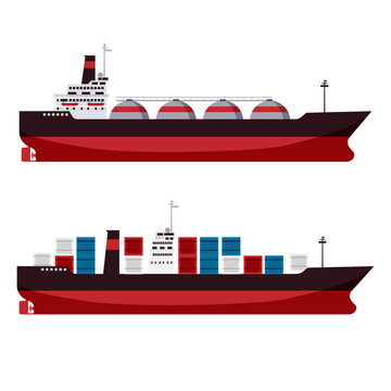 Set Gas tanker LNG Cargo ship tanker with containers. Delivery, transportation