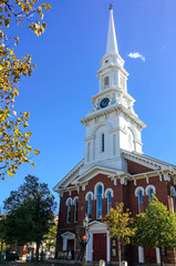Portsmouth, NH / USA - Oct 16, 2018: The North Church is a historic Congregational church located in Market Square. It features an Italian edifice and a steeple visible from most of the city. 
