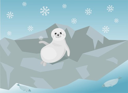 Cute illustration of the baikal seal (nerpa), which is chill out on the bank of the lake. Vector illustration. © hydracaput